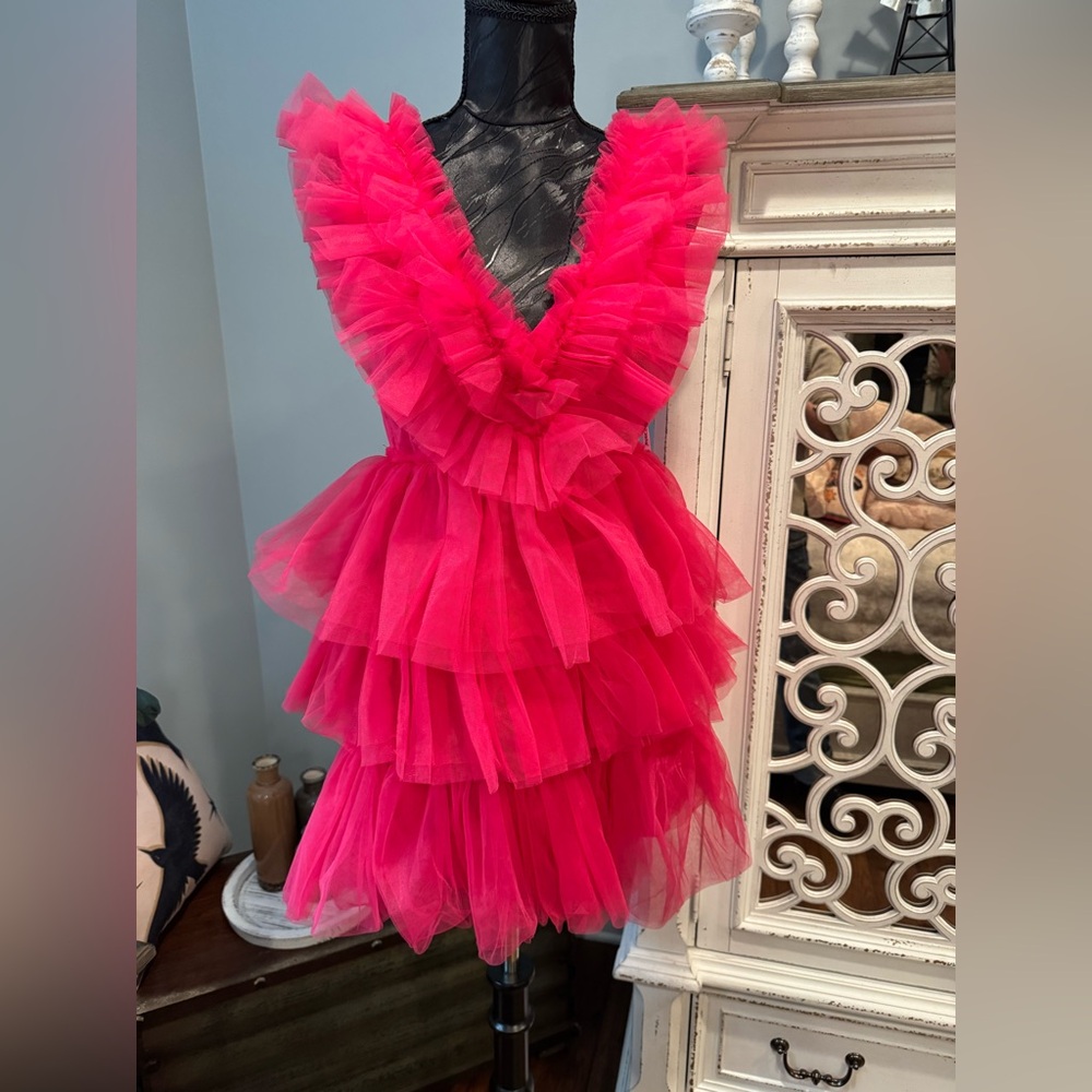 Betsey Johnson hot pink ruffle tulle party dress Barbiecore tiered mini SMALL